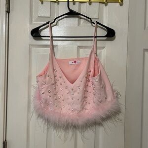 Buddy Love Pink Embellished Feather Trim Top
